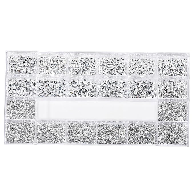 Nail Rhinestones - 4300pcs Mine Silver, Multiple Shape Gems, Flat Back Rhinestones, with Kit and Glue Gel, for Nail Art
