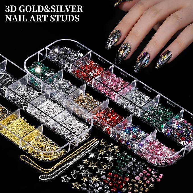 FANDAMEI Nail Charms, Nail Rhinestones Kit with 8 Boxes of Nail Gems, 3D Charms for Nails, Colorful Clear Flatback Rhinestones, Charms Y2K for Nails, Multi Shape Pearls Jewels for Crafts