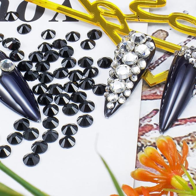 2400 Pcs Nail Gems black Rhinestones Flatback Rhinestones Diamonds Round Crystal nail jewels 6 Sizes (1.9-4.5 mm) Wax Pencil Tweezers for Nail Art Makeup Shoes Bags Crafts DIY (Black) HUETFAT