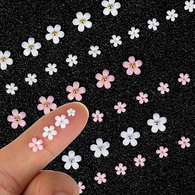 3D Flower Nail Charms - Colorful Flatback Rhinestones in White, Pink, Green, Blue. Acrylic Flowers with Golden Beads & Pearls - DIY Nail Art Supplies