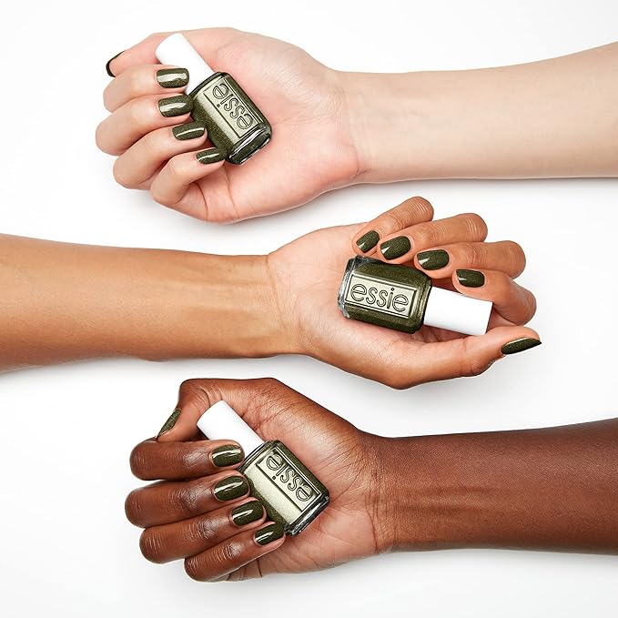 essie Vegan nail polish, limited edition fall 2021 collection, warm onyx green, shimmer