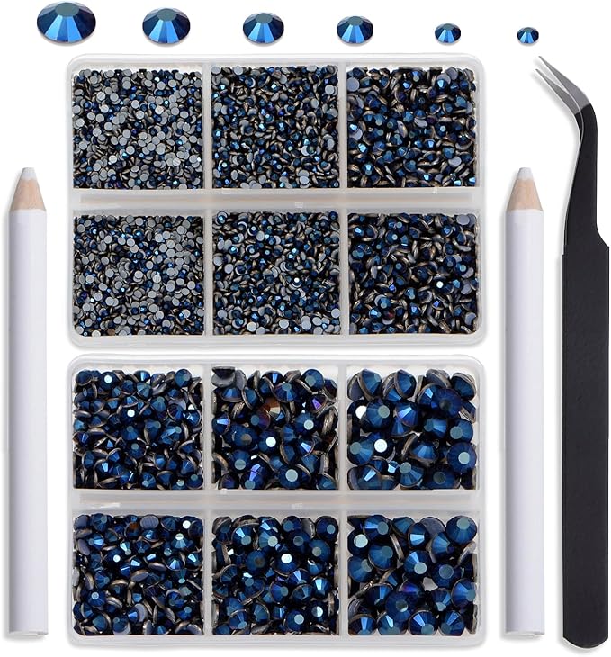 NCB Hotfix Iron on 8000pcs Crystal Rhinestones Round Gem for Crafts Decoration DIY Jewelry Making with a Tweezers and 2 Picking pens (Mine Blue, 6Sizes SS4-SS30)