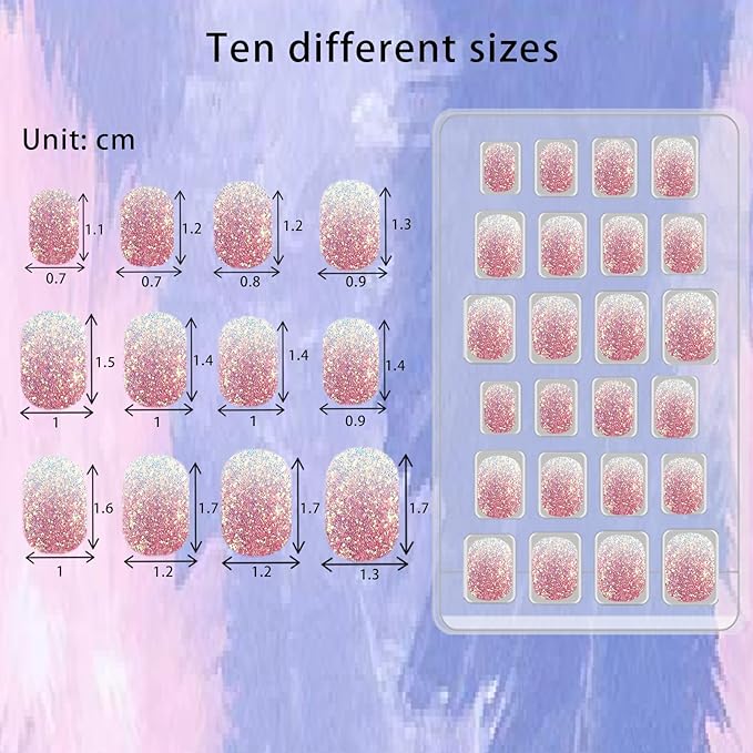 SIUSIO 120Pcs 5 Pack Press on Nails kids Children Acrylic Fake Nails Cute Pre-glue Full Cover Gradient Color Rainbow Short Stick On False Nail Art Kits Set for Kids Little Girls - Colorful Glitter