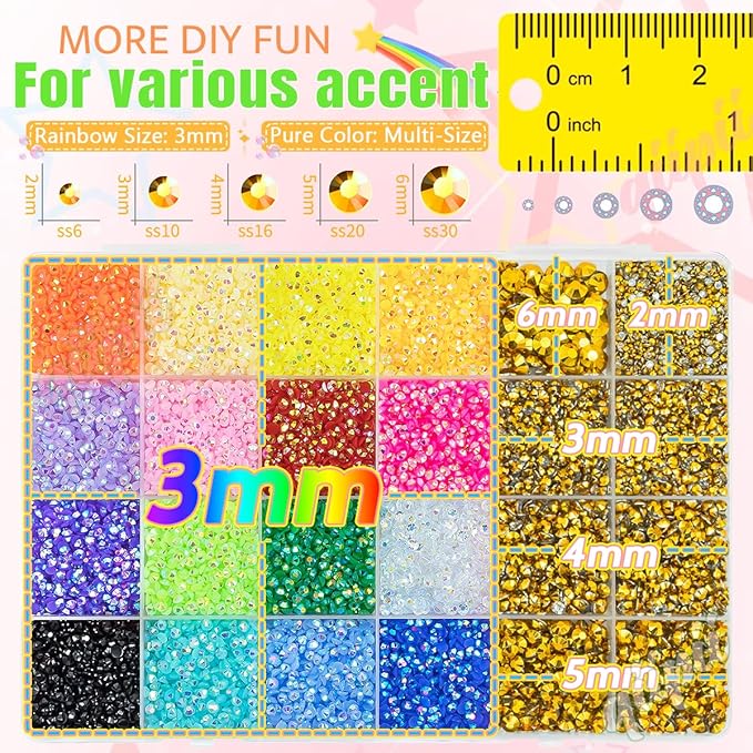 2mm-6mm Golden Resin Rhinestones w B7000 Glue for Crafting Bedazzling Flatback Colorful Jelly Stones Diamonds Gems Bedazzler Kit for Nails Face Eyes Makeup Tumblers Bottles Crafts Shoes Phones