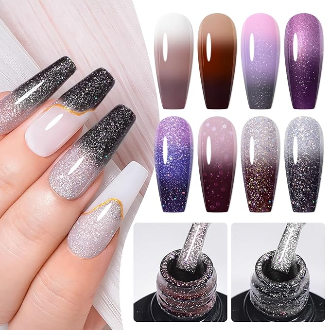 MEET ACROSS 12PCS Color Changing Gel Nail Polish Set Glitter Brown Gray Purple Gel Polish Set Fall Winter Mood Temperature Change Nail Polish UV/LED Nail Art Gifts 8 Colors