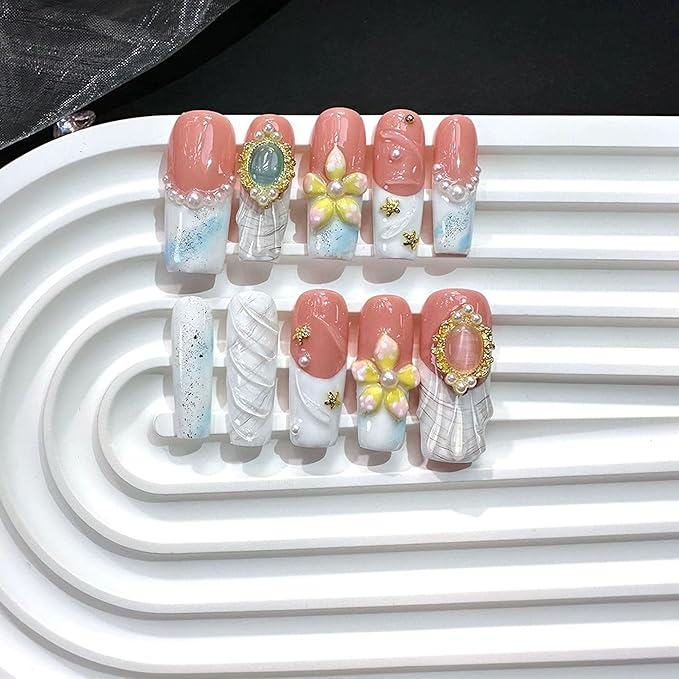 Handmade Acrylic Press On Nails Long Square Fake Nails with 3D Flower and Pearl Designs White French Tip False Nails Luxury Reusable Stick on Nail for Women 10Pcs (Size M)