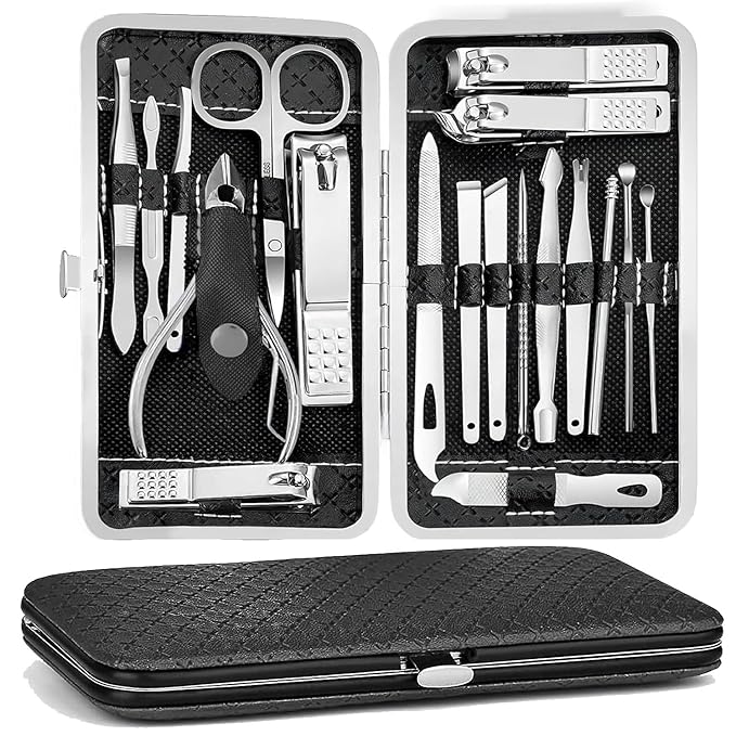 Manicure Pedicure Kit, Nail Clipper Tools Set Exra Thick Personal Care Women’s Grooming Kit Christmas Gifts for Men Husband Boyfriend Parent Nail Care Tools with Travel Case pack of 19