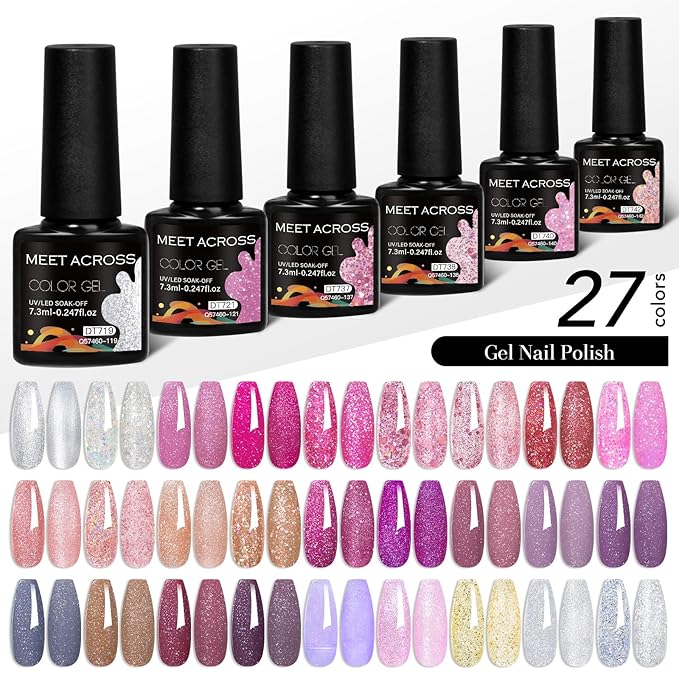 MEET ACROSS 27PCS Gel Nail Polish Set,27 Colors Gel Nail Kit Art Design Soak Off UV LED,Nail Art Design Gifts for Women