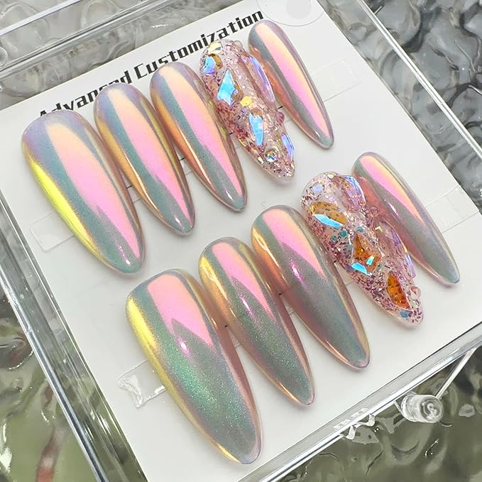 WOMHOPE Press on Nails Handmade Full Cover False Nails with Rhinestone Vintage Flower Aurora Acrylic Nails for Women and Girls 10pcs/Box Long Almond,Coffin (Aurora Pink, Small)
