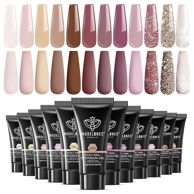 modelones Poly Extension Gel Kit for Nail, 12 Colors Pink Glitter Nude Tones Poly Nail Gel Set French Manicure DIY Design Art Home Salon Gifts