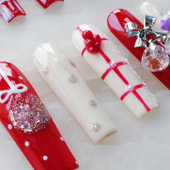 Christmas Press-On Nails, Long Coffin Shape, Red and White Holiday Design with Snowman and Bows, 10 Pieces (XS, LS)