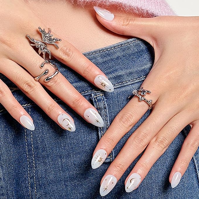 GLAMERMAID White Press On Nails Short Almond, 3D Gothic Handmade Soft Jelly Gel Fake Nails with Golden Star Blossom Design, Round Oval Stick Glue on Nail Kit for Women, Reusable Acrylic False Nail Set