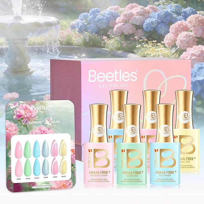 Beetles Hema Free Gel Polish Set, 15 ML 6 Colors Pastel Cat Eye Pink Green Blue Glitter Gel Nail Polish Kit Soak Off UV Nail Art DIY at Home Salon Spring Summer Easter Gift for Women