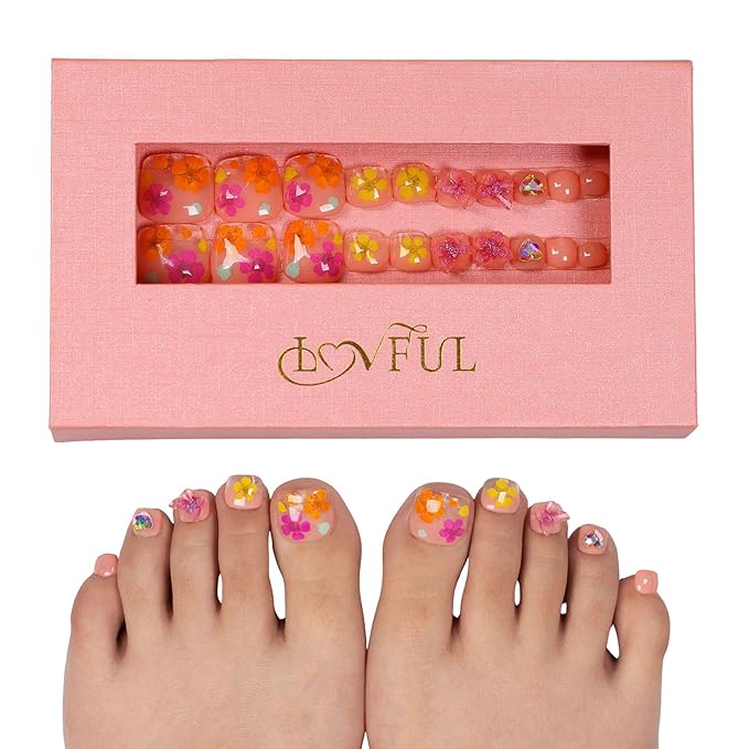 LOVFUL Handmade Acrylic Press on Toenails Flora | Salon Quality 20 PCS Free Size Toe Nails | Reusable Fake Nails for Toe | T176