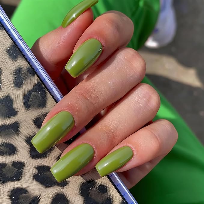KQueenest Olive Green Press on Nails Long Medium Square, Sage Green Fake Nails Medium Coffin, Glossy Sheer Color Acrylic Nails Press ons, Reusable Soft Gel Glue on Nails for Women Fall Winter