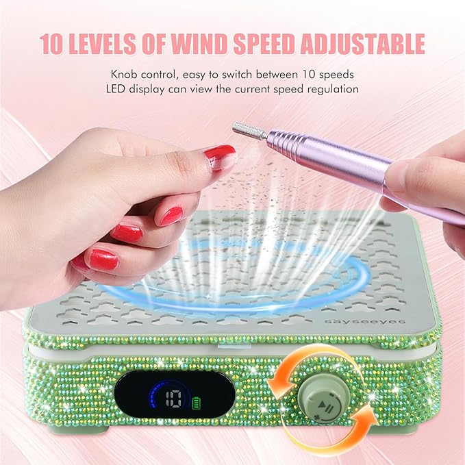 Rhinestones Nail Dust Collector for Nail Polishing in Nail Salon or Home, Portable Shiny Crystal Shape Tool with Powerful Vacuum Fan, 10 Speeds, 1600PA, Filter Paper