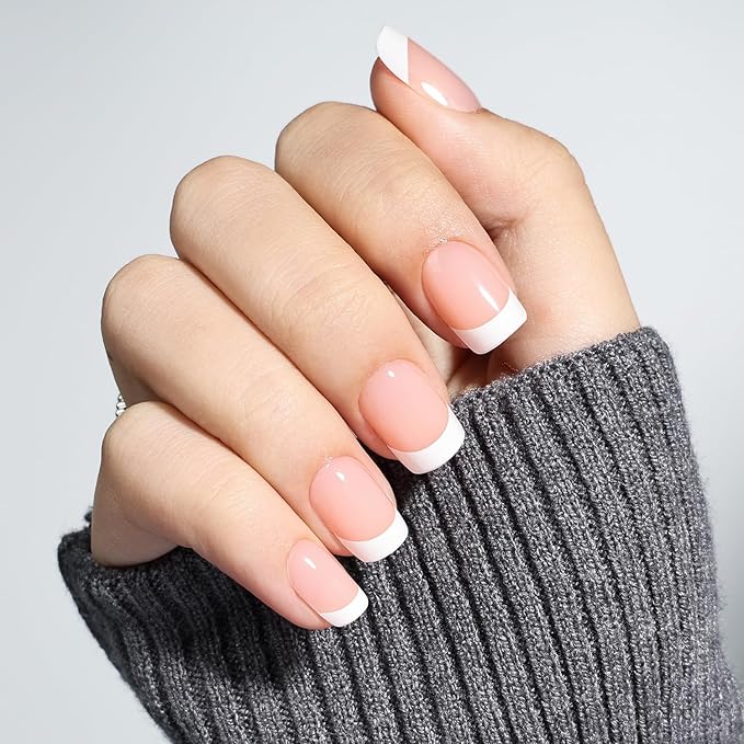 French Tip Press On Nails, Short Square Press on Nails White Nails Press Ons for Women Fake Nails with Glue, Glossy Reusable Glue on Nail in 15 Sizes - 30pcs, Porcelain French