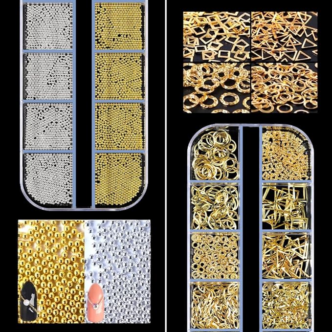 5 Boxes Gold Silver 3D Metal Punk Studs Star Moon Heart Triangle Ring Square Rivet Gems Nail Art Jewels and 4 Sheets Nail Stickers with a Curved Tweezers and a Nail Brush (Gold & Silver)