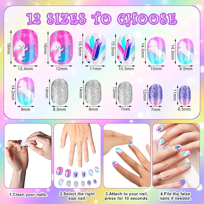 False Nails Press on Nails for Kids-Flower Heart Print Short False Artificial Full Cover Nail Art Kits Nail Glue Tabs for Girls Children (120pcs glitter nails)