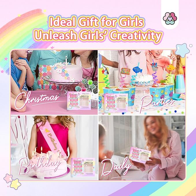SAVILAND Creative Press on Nails for Kids: 6 Pack Children Fake Nails with 3D Stickers for 8-12 Years Girls Gifts Pre-Glue Full Cover Short Acrylic Nails Artificial False Nail Tips Nail Art Decoration