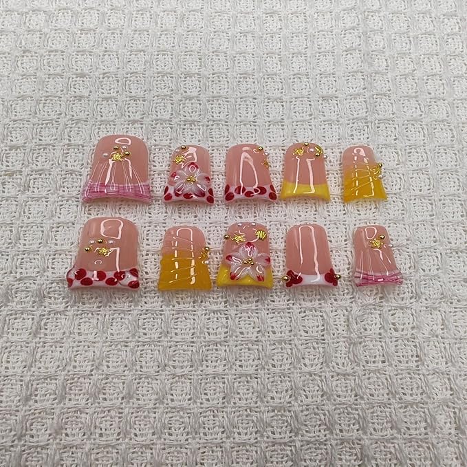 Handmade Nails Duckbill Shape Sweet Delicate Style Peach Pink Base Gold Accents 3D Floral Gradient Pattern Pearl & Star Decor Glossy Surface Manicure Wear Press on Nails 10 pcs (S)