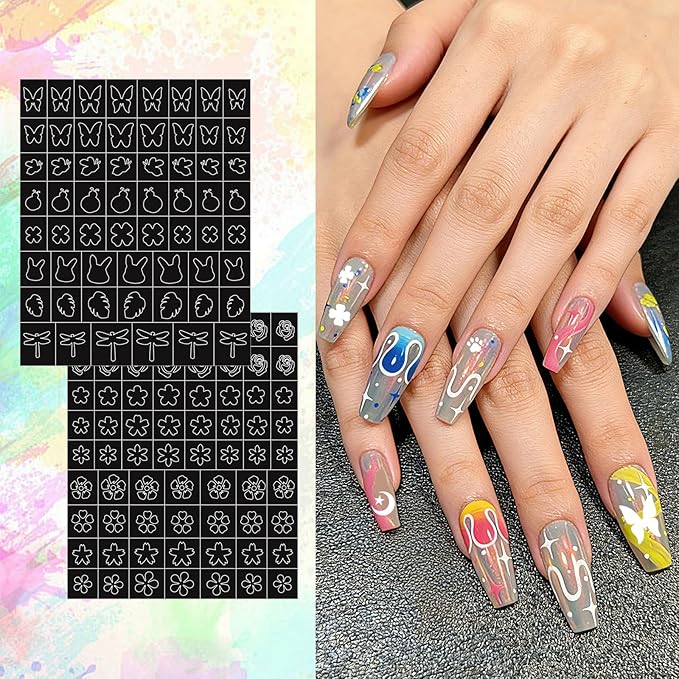 Nail Art Stencils Pens, 12 Nail Art Pens Markers + 14 Sheets Nail Stencils Cute Heart Butterfly Flowers Star Nail Stickers for Women Girl, Flexible Brush Tip, Bright Colors, DIY Nails Art Design Tools