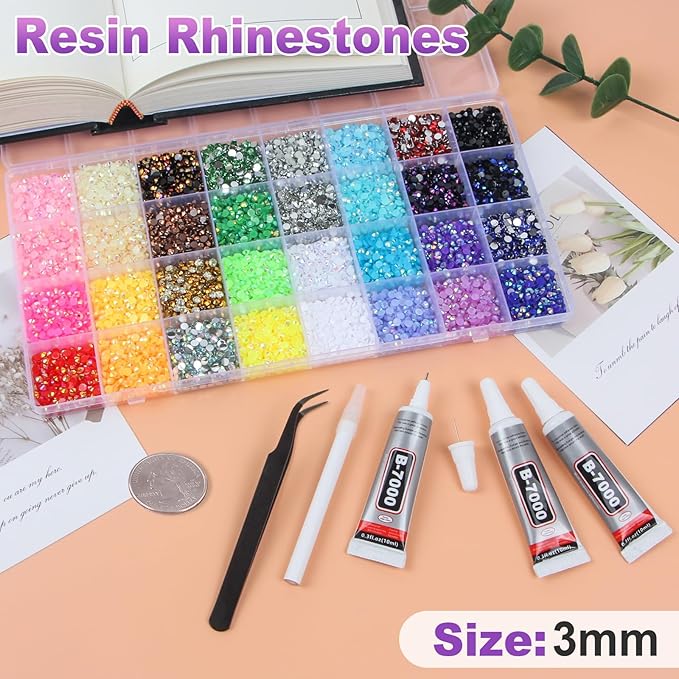 37000Pcs 32 Colors Jelly Resin Rhinestones for Bedazzling, 3mm Multicolor Flatback Gems for Crafting, Bedazzler Kit with 3Pcs B7000 Jewelry Glue for Clothes Shoes Nail Book Diamond Art