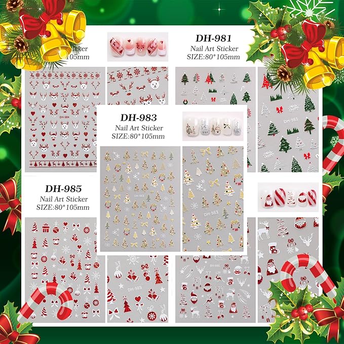 5 Sheets Christmas Nail Stickers for Nails Art 3D Xmas Red Gold Tree Nail Decals with Santa Claus Snowflake Elk Xmas Tree Design Manicure Decal Winter Nail Art DIY Decor Supplies for Women