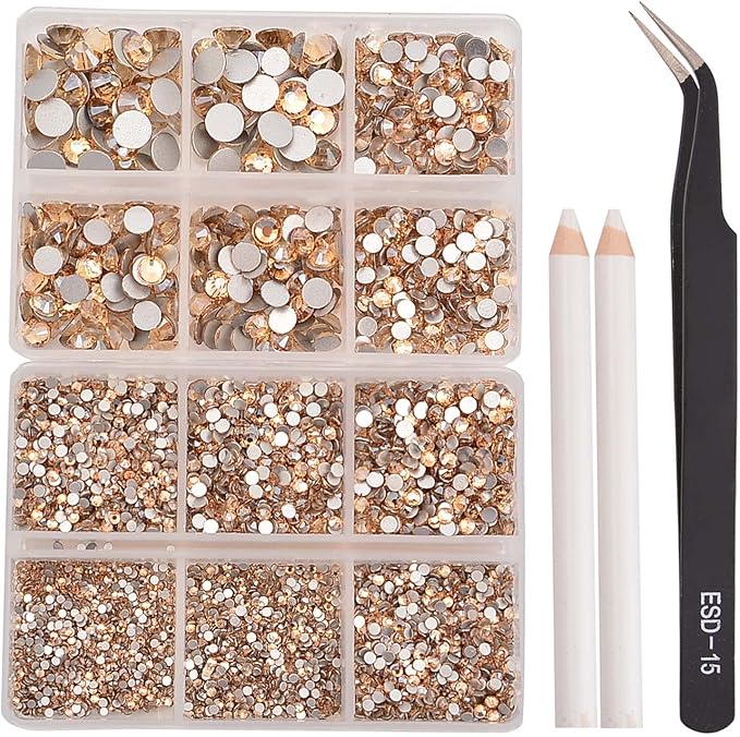 NCB 8000pcs Non Hotfix Rhinestones 10 Sizes Flatback Crystal Glass Rhinestones with Tweezers and Picking Pen for Nail Art Clothes Bags Phone Decorations Crafts DIY (023 Champagne Mix SS3-SS30)