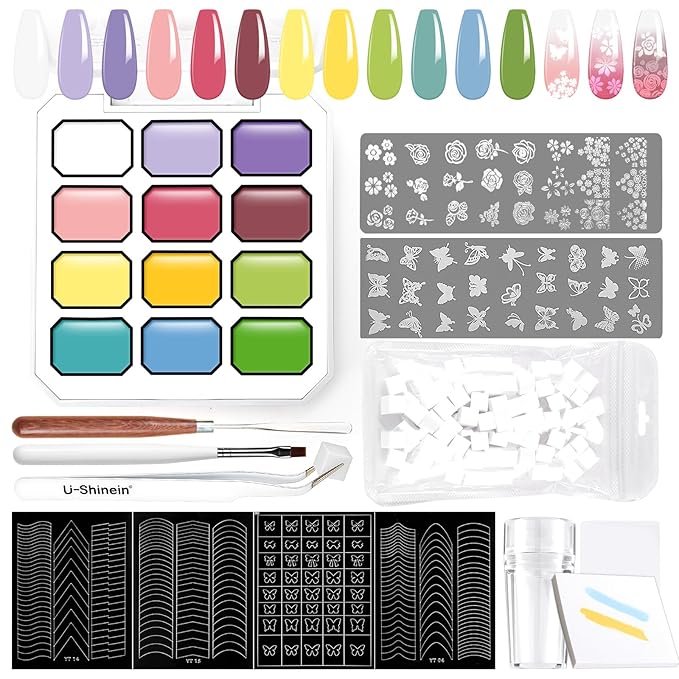 Gradient Gel Nail Set,12 Bright Color for Ombre Nail Polish Summer Platte Kit with 14* Nail Art Tools,Pat Painting Gel French Nail Manicure No-wipe DIY Art Soak of UV Home Salon