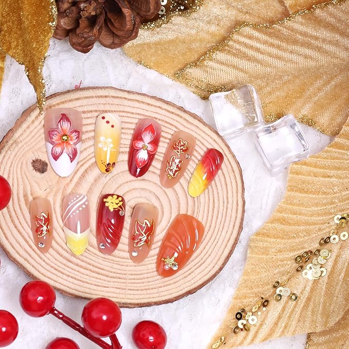 30Pcs Fall Press on Nails Medium Almond French Tip Fake Nails Gilding Maple Leaf False Nails with 3D Flower Ripple Gold Sliver Gems Design Artificial Stick on Nail Full Cover Glue on Nails for Women