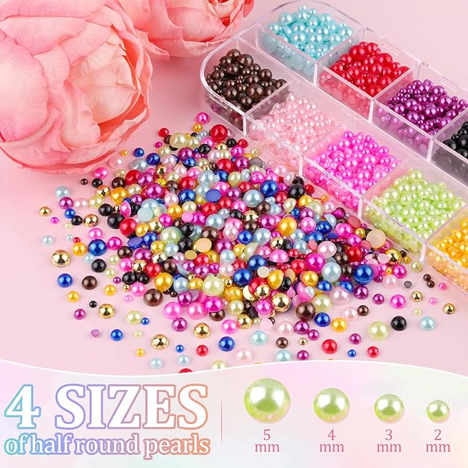 Flatback Pearls for Crafting with 3Pcs 10ml B7000 Jewelry Glue, 1 Box of Half Round Colorful Pearls, Bedazzling Beads for DIY Crafts Clothing Tumblers Shoes Embellishment Nail Art