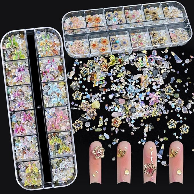 Rhinestones for Nails Butterfly Nail Charms 3D Flower for Nails Mixed Assorted Color Butterflies Flower Shape Design Gems Jewelry Accessories for Women DIY Manicure Supplies Decorations.