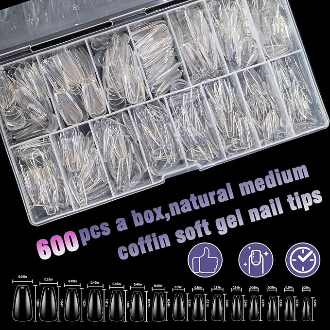 Press On Nails Thicker Medium Coffin Nail Tips,600pcs Gel Flase Nails Tips Acrylic Tip, 15 Sizes 00-13 Fake Tips,Valentines Day Nails Tips, Acrylic Press On Nail Valentines Gifts for Women