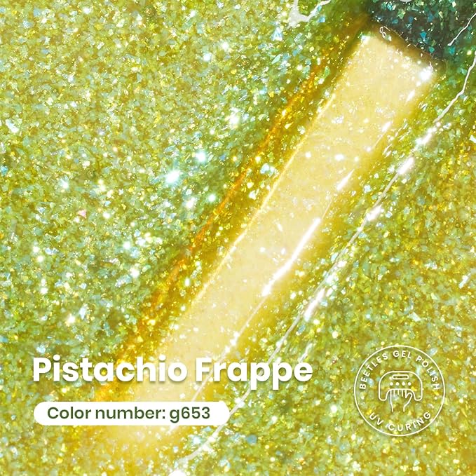 Beetles Green Gel Nail Polish, 15 ML Spring Pistachio Frappe Glitter Gel Nail Polish Pastel Color Shimmer Soak Off UV Gel Polish Salon DIY at Home Gift for Women