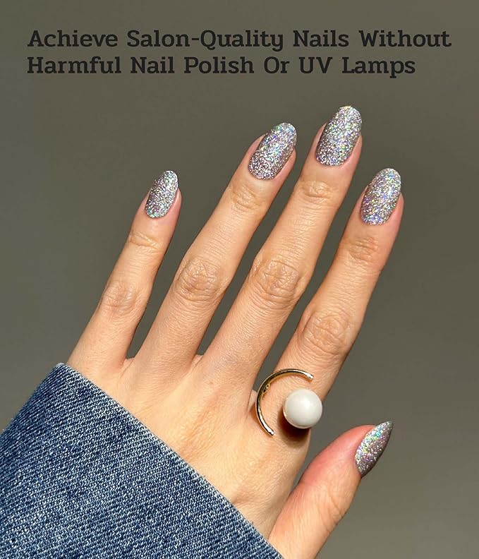 Nail Polish Strips (No UV Lamp Needed) - 22 Pcs Salon Quality Gel Nail Stickers - Long Lasting Wraps (Lightning Storm Silver Glitter)