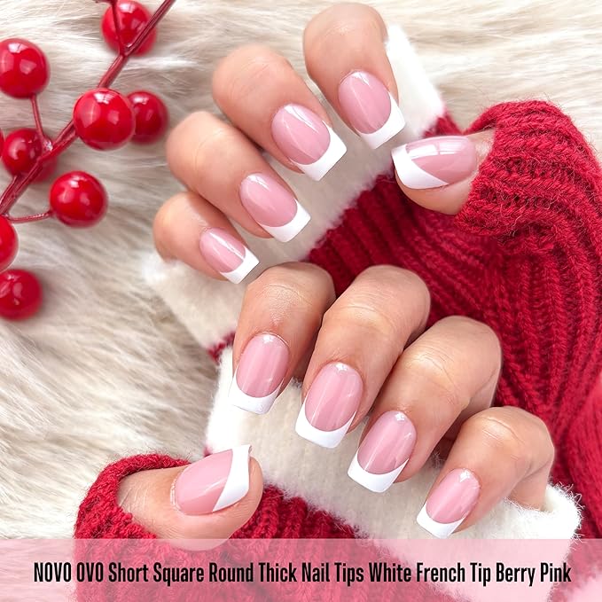 NOVO OVO Short Square Round White French Tip Nail Tips Press on BERRY PINK, Extra Thick Full Cover False Fake Nails, Need Builder Gel Top Coat & Glue, for Salon DIY Acrylic Extension x15 Sizes 240 pcs