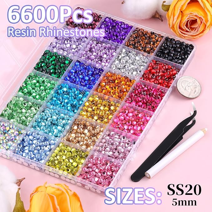 6600Pcs Resin Rhinestones for Bedazzling with Tweezers, Multicolor 5mm Rhinestones for Crafting with B7000 Jewelry Glue for DIY Crafts Clothing Tumblers Shoes Fabric Nail Art