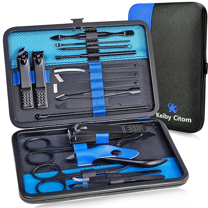 Professional Stainless Steel Nail Clipper Travel & Grooming Kit Nail Tools Manicure & Pedicure Set of 18pcs with Luxurious Case (Black/Blue)
