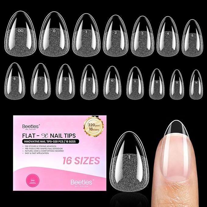 Beetles Flat-X Gel Nail Tips - Short Almond Press-On Nails 16 Sizes 320 pcs | Pre-Etched Half-Matte Full-Cover Soft Gel Tips Fake Nail for Flat & Natural Nail Beds - Easy DIY Salon