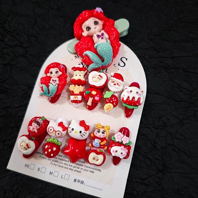 10Pcs(1Pack) Handmade Press On Nails 3D Flower Nails Cute Catoon Mochi Nails for Women Party Holiday Daily Wear Size M