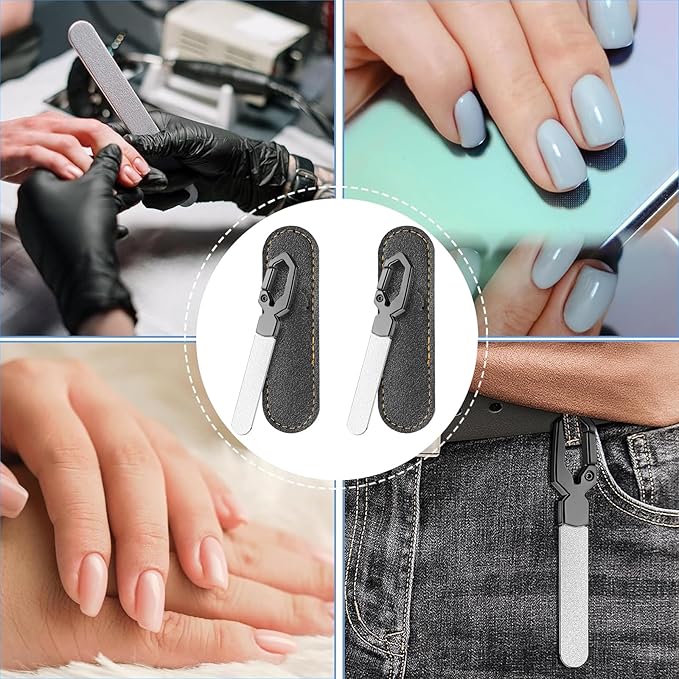 Metal Nail File with Keychain Handle, Stainless Steel Double-Sided Grit Fingernail File with Leather Case, Portable Nail Filer for Home, Travel & Gift Use