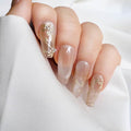Nude Press-on Nails, Long Ballerina Shape, Gold Floral Design with Pearls, Handmade False Nail 10 Pieces (Large,LB)