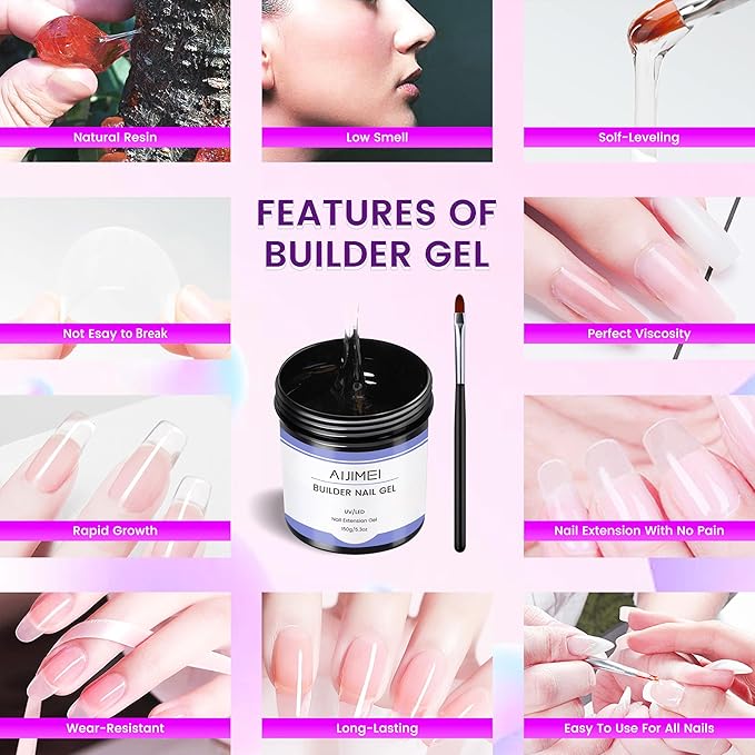 AIJIMEI 150g Builder Nail Gel Set Quick Drying Clear Hard Nail Gel Reinforcement Extension Gel Nail Shaping Nail Art Long-Lasting Protection for Beginner DIY at Home