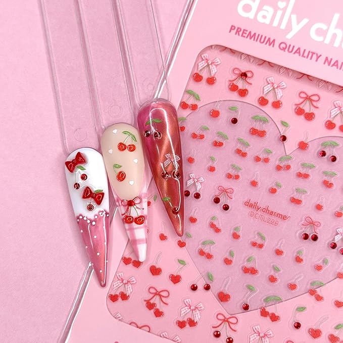 Daily Charme Red Cherry Coquette Bow Nail Art Sticker Bundle, Cute 3D Nail Art with Red Rhinestones for Cute Valentine's Day, Spring, Summer Nails