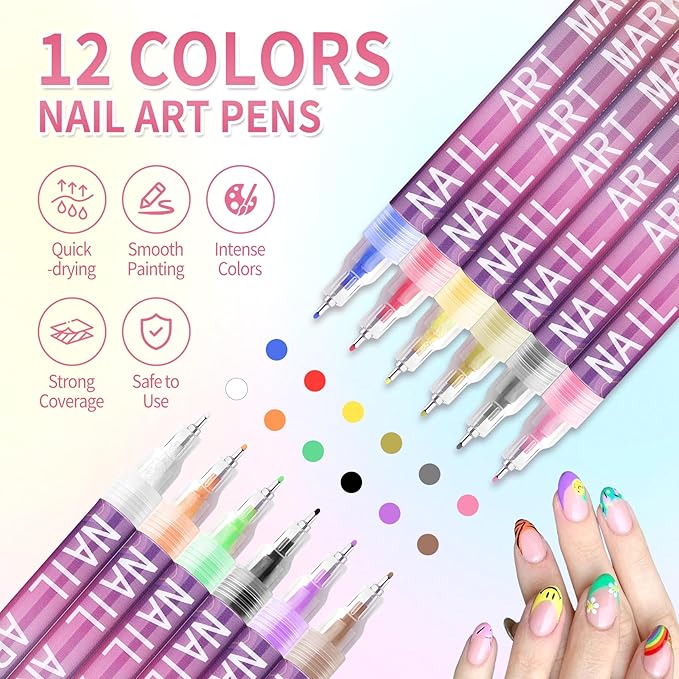 12 Colors Nail Art Pens Set for Girls,Quick Dry Nails Doodle Pens for Girls,Nails Art Marker Pen Fine Tip for Home Salon Nail Art（0.5mm Pen Nib）