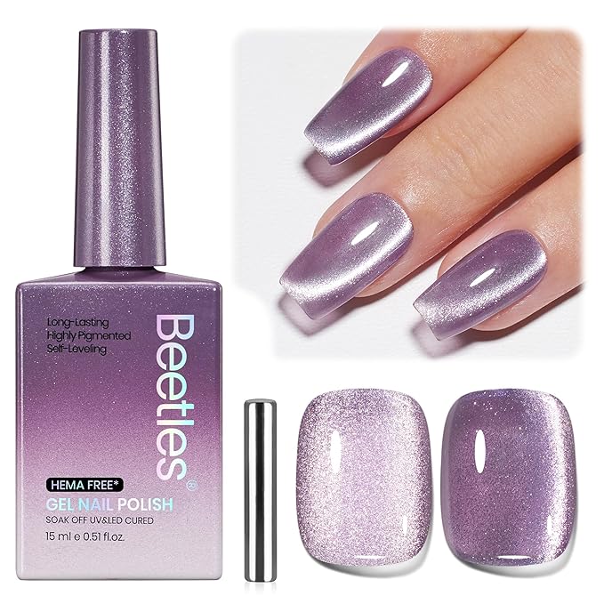 Beetles Twilight Muse Purple Cat Eye Gel Nail Polish - 15ML Purple Cat Eye Gel Polish Glitter Magnetic Translucent Glassy Effect Soak Off UV French Nail Art Design DIY Manicure Winter Gifts for Wome