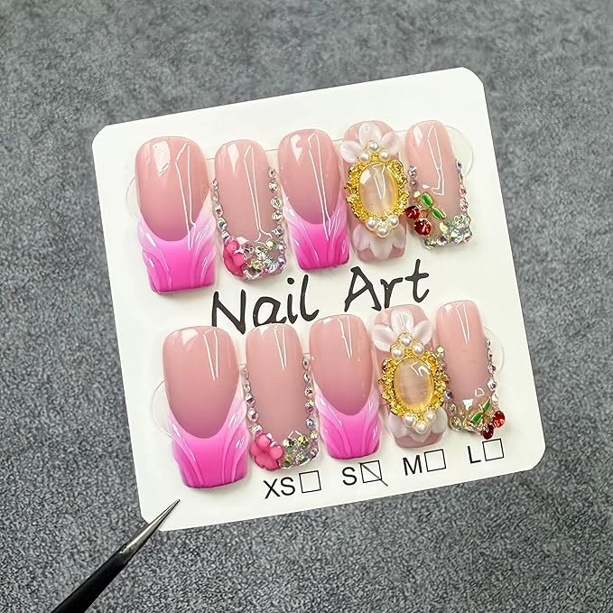 Square Press on Nails Medium Length Handmade Fake Nails Rose Red French Tip Acrylic Nails with 3D Flower Charms Designs False Nail Sparkly Full Cover Stick on Nail for Women Manicure 10Pcs(Size M)