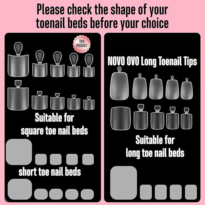 NOVO OVO Halloween Short Medium Toe Nail Tips with Moon Curve, Sharp Square Extra Thick Full cover Press on, Soft Gel False Toenail Extension Kit, Clear Matte Fake Nails DIY Pedicure x15 Sizes 330 Pcs