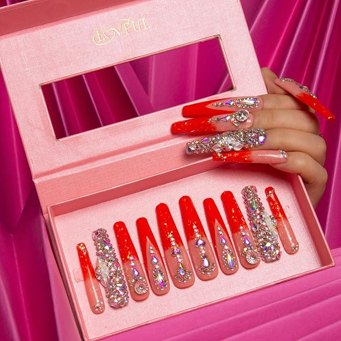 LOVFUL Press on Nails Sleeping Beauty | Handmade with Full Covered Crystals | Reusable Full Cover Nails | Coffin Long 2.2 in | H74-S